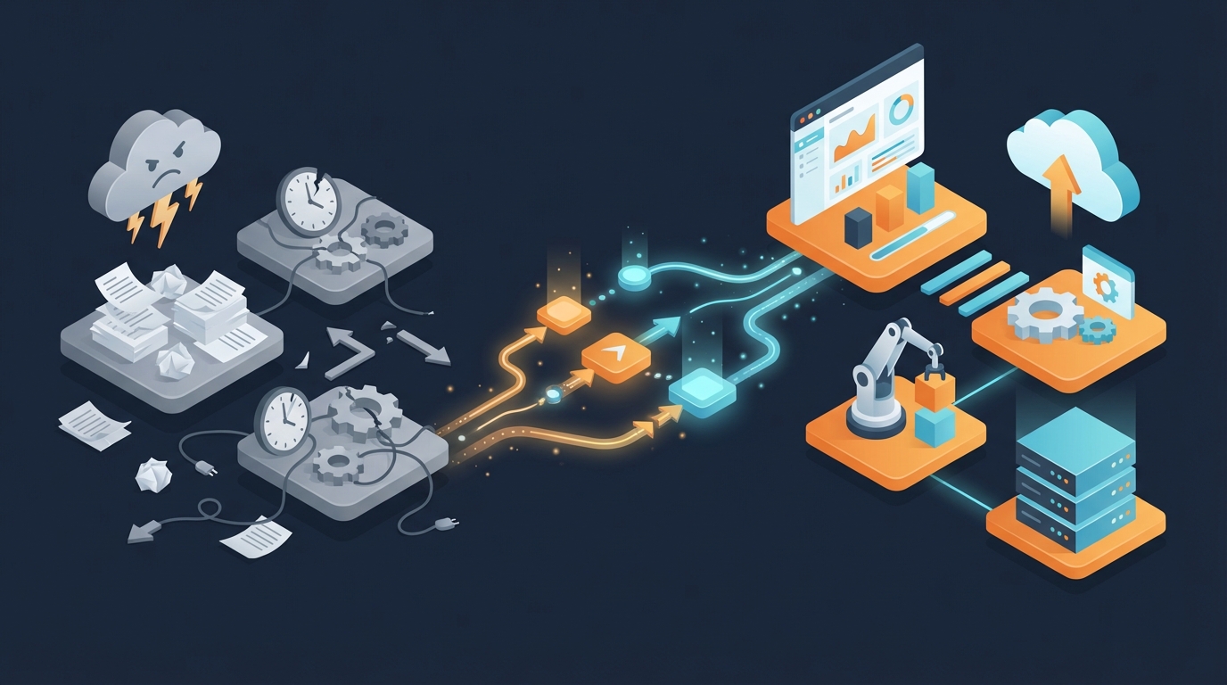 Phoenix-Modell Workflow-Diagramm: Automatisierte Geschäftsprozesse durch KI mit E-Mail-Trigger, JSON-Analyse und intelligenter Entscheidungsfindung